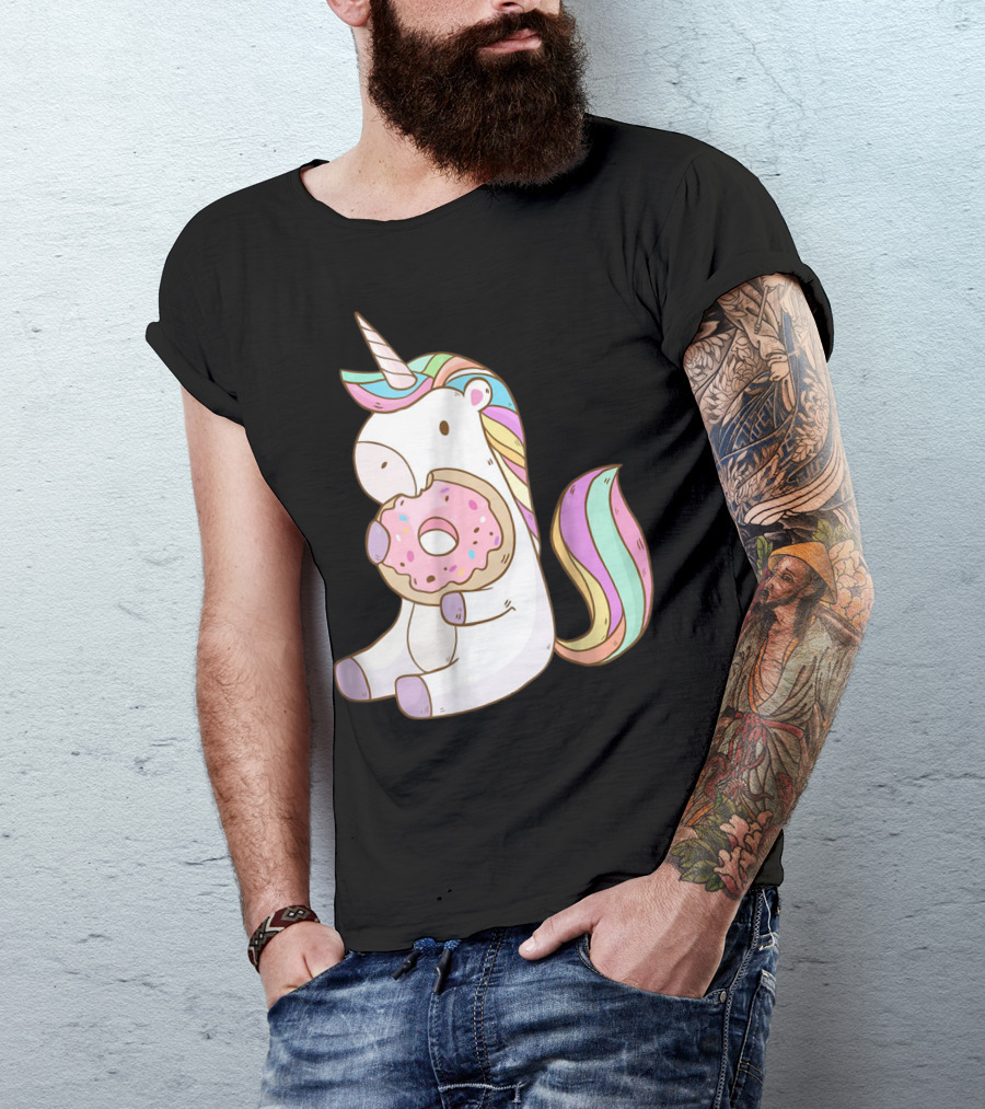 Cute Hungry Unicorn Enjoying A Delicious Donut With Sprinkles T-Shirt