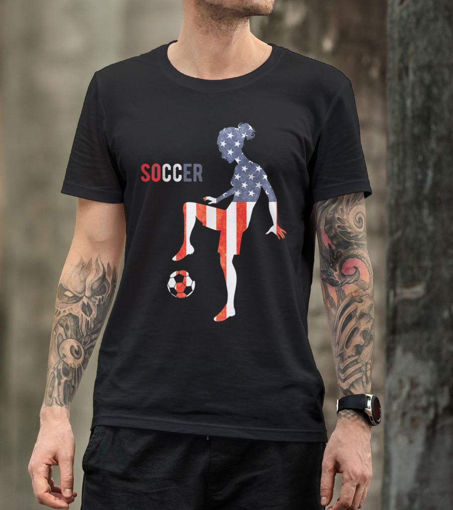 American Flag USA Soccer Player Silhouette Girl T-Shirt
