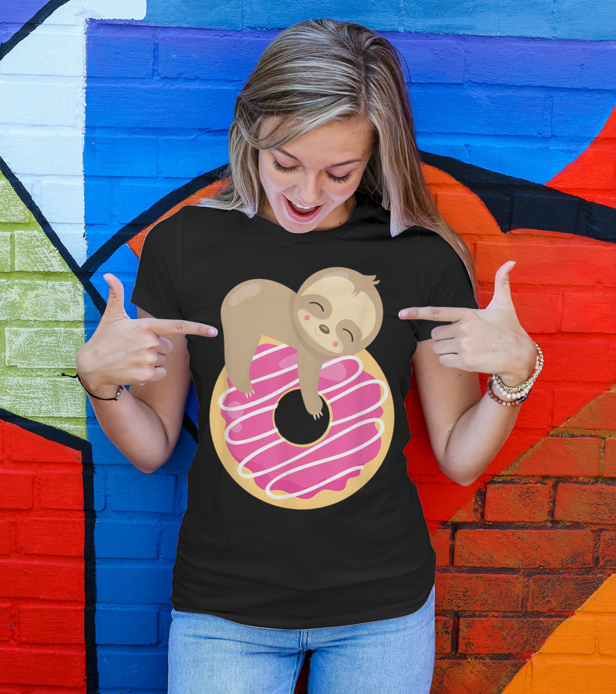 Baby Sloth Sleeping On Pink Frosted Donut T-Shirt