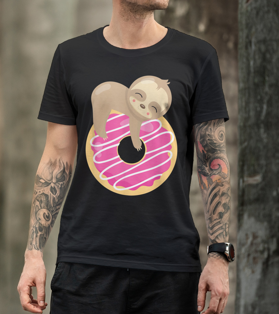 Baby Sloth Sleeping On Pink Frosted Donut T-Shirt