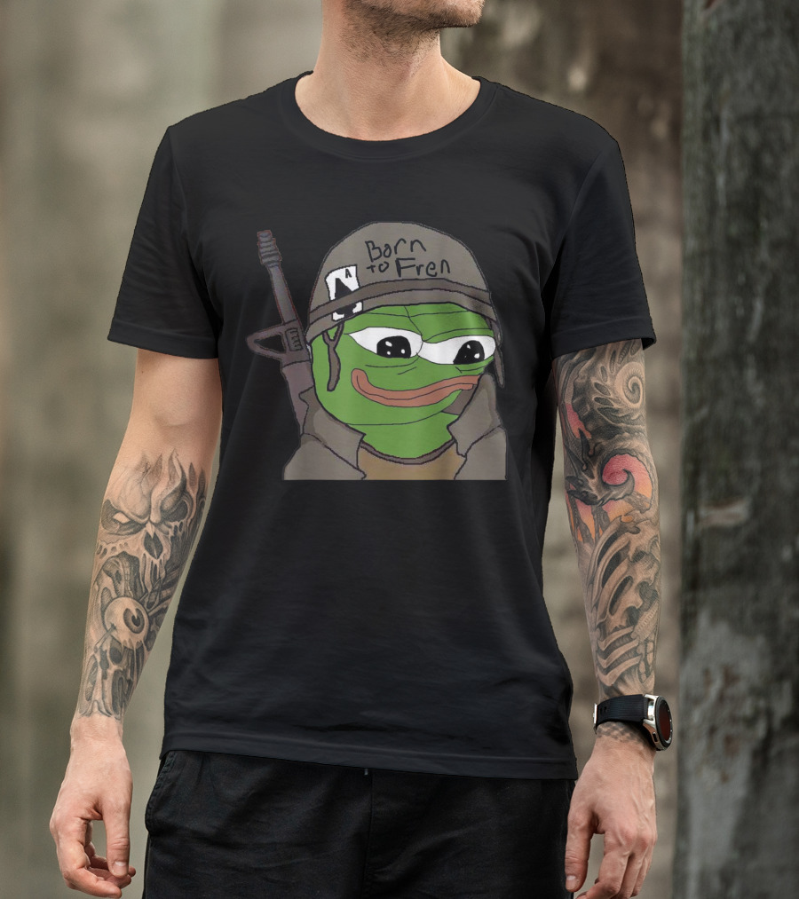 Born To Fren Pepe Military Helmet Cartoon With Rifle T-Shirt