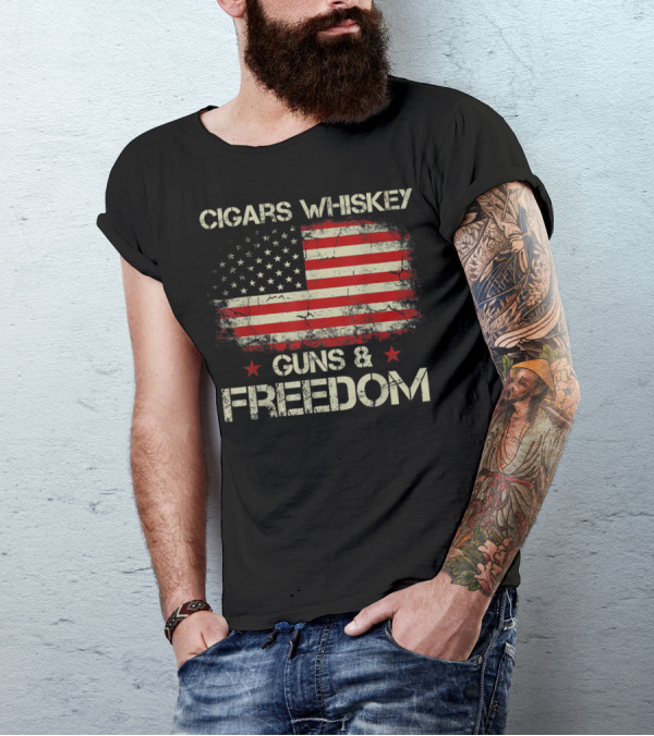 Cigars Whiskey Guns Freedom American Flag Patriotic USA Stars Stripes T-Shirt