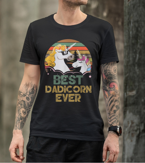 Best Dadicorn Ever Retro Funny Unicorns With Sunset Stripes T-Shirt
