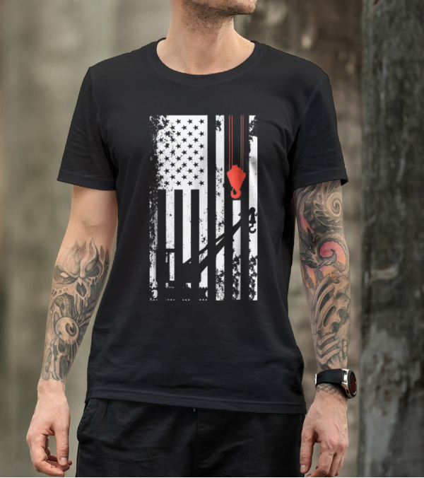 American Flag Crane Operator Hook And Lines T-Shirt