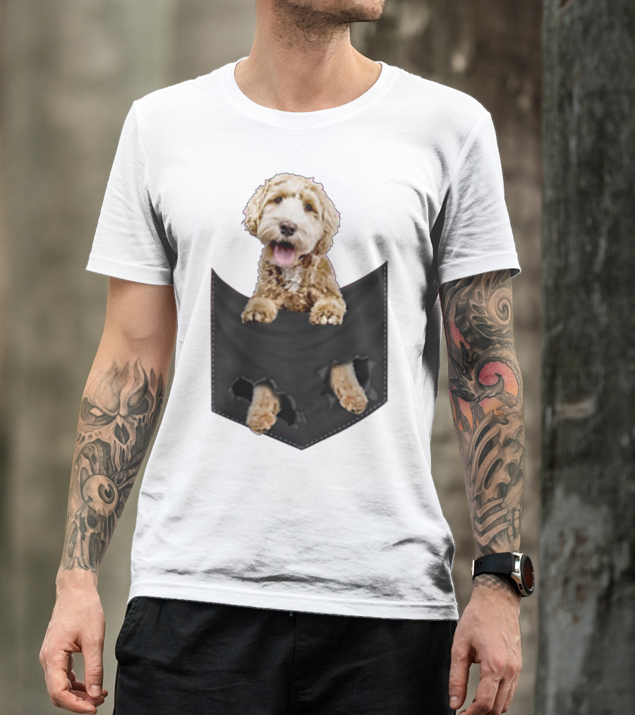 Dog In Your Pocket Labradoodle Peeking Out Pawing Through Black Pocket T-Shirt