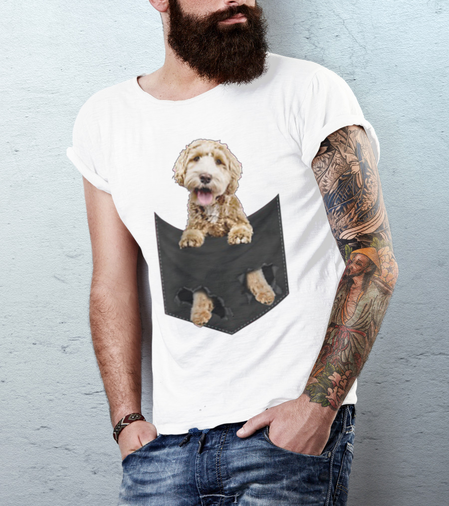 Dog In Your Pocket Labradoodle Peeking Out Pawing Through Black Pocket T-Shirt