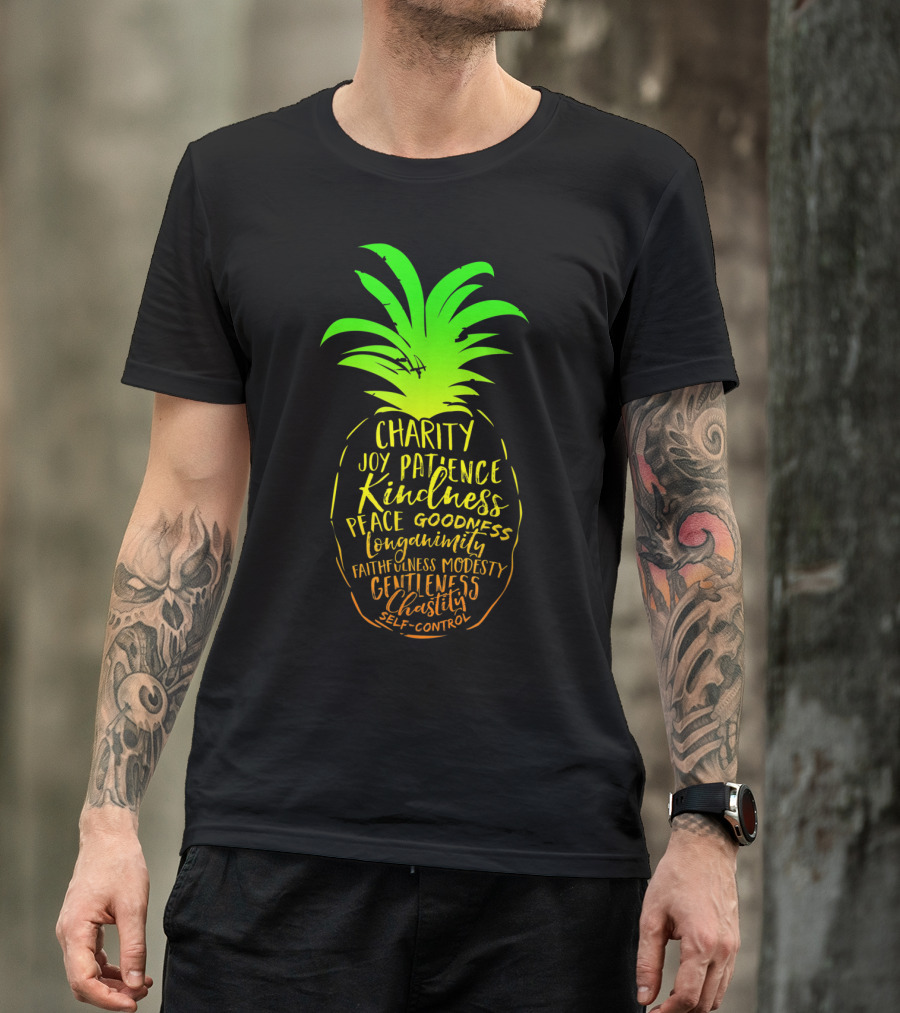 Holy Spirit Catholic Pineapple Charity Joy Patience Kindness Peace Goodness Longanimity Faithfulness Modesty Gentleness Chastity Self-Control T-Shirt