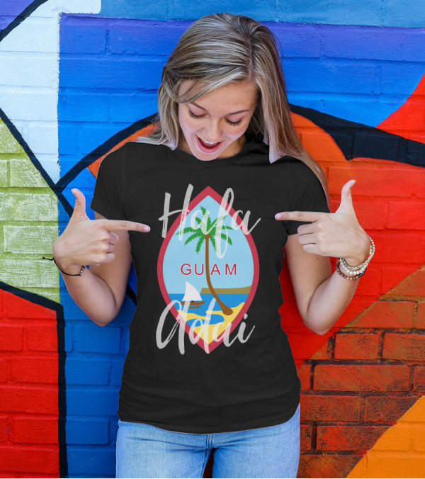 Hafa Adai Guam Palm Tree Beach Sailboat Emblem T-Shirt