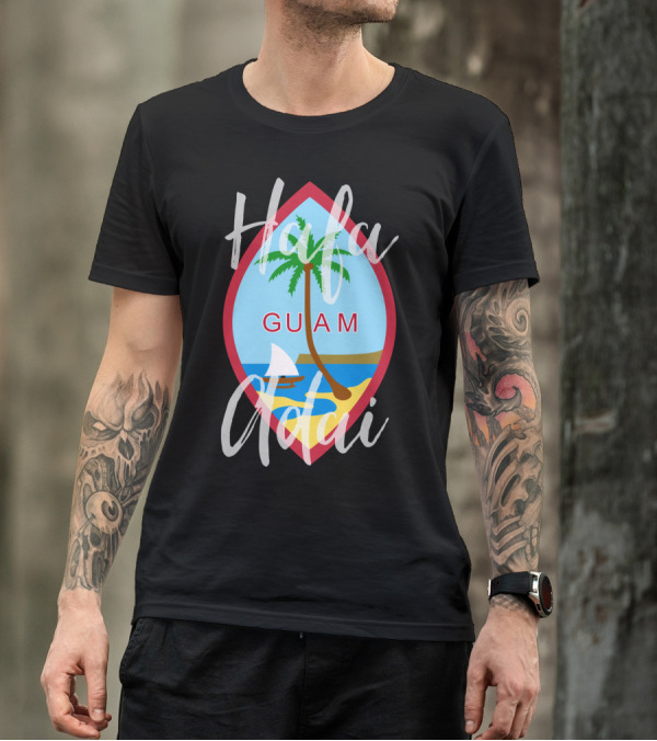 Hafa Adai Guam Palm Tree Beach Sailboat Emblem T-Shirt