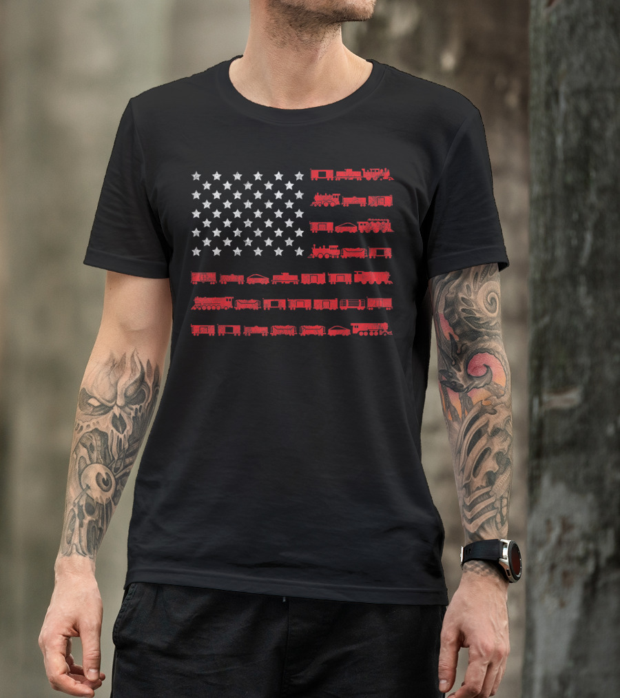 American Flag Made Of Red Railroad Trains And White Stars T-Shirt