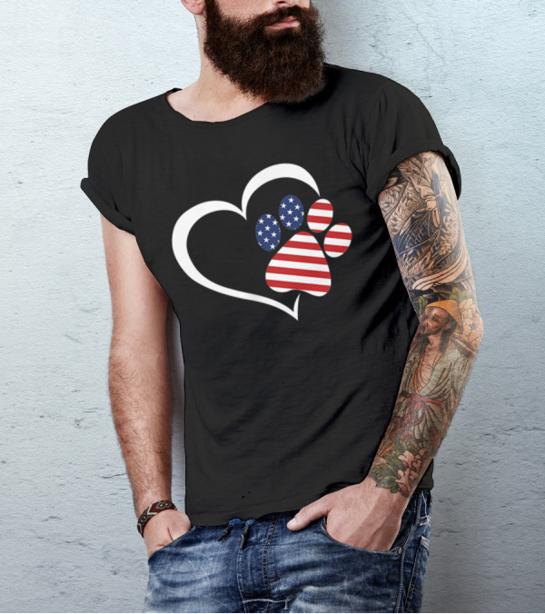 Dog Paw Heart Love Red White Blue American Flag Patriotic T-Shirt