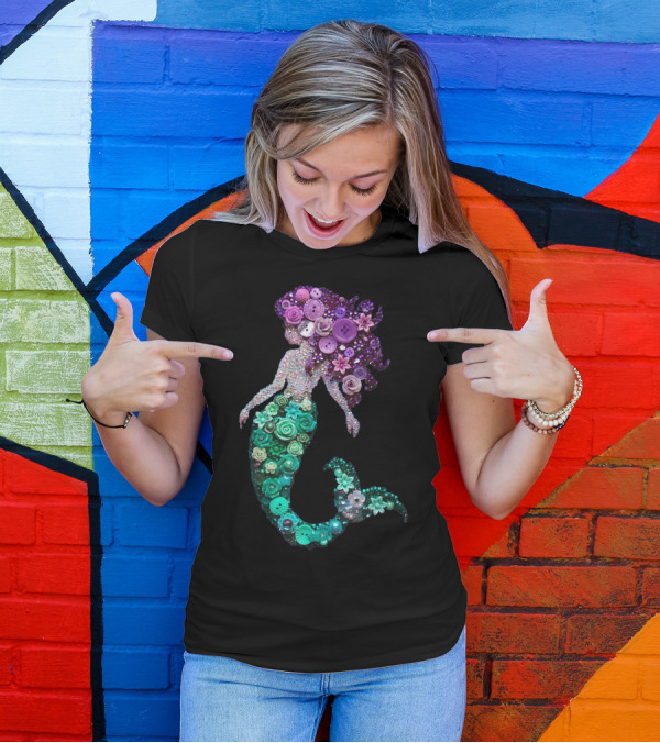 Flower Mermaid Purple Green Buttons T-Shirt