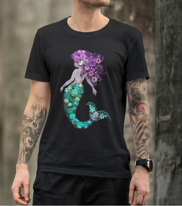 Flower Mermaid Purple Green Buttons T-Shirt