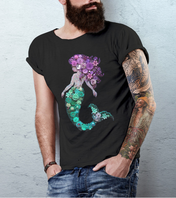 Flower Mermaid Purple Green Buttons T-Shirt