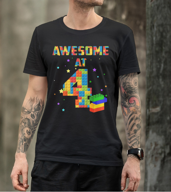 AWESOME AT 4 Building Blocks Kids Birthday T-Shirt
