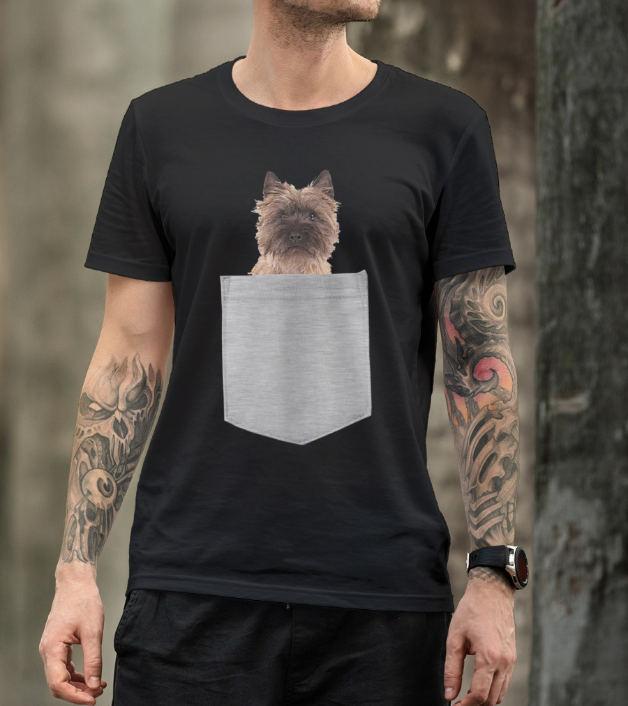 Cairn Terrier Pup Peeking From Pocket T-Shirt