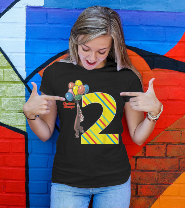 Curious George Holding Balloons Next To Colorful Striped Number 2 For Second Birthday T-Shirt