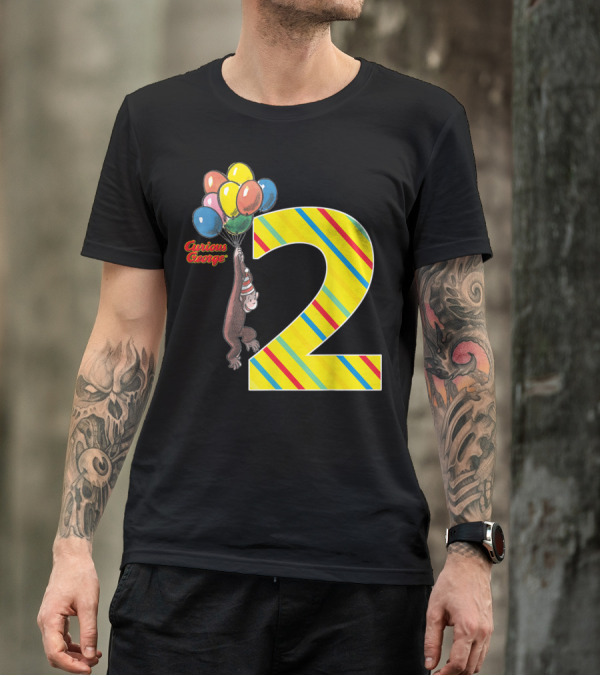 Curious George Holding Balloons Next To Colorful Striped Number 2 For Second Birthday T-Shirt