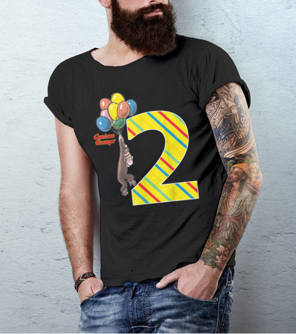 Curious George Holding Balloons Next To Colorful Striped Number 2 For Second Birthday T-Shirt