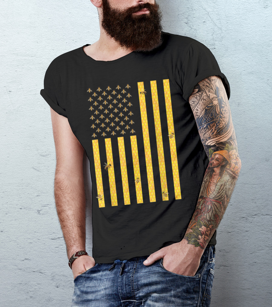 American Flag Honeycomb Honey Bee Beekeeping Beekeeper USA Patriotic T-Shirt