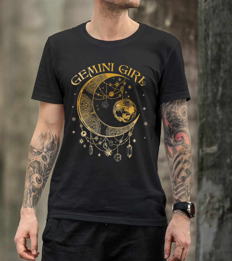Gemini Girl Zodiac Henna Moon With Crystals And Stars T-Shirt