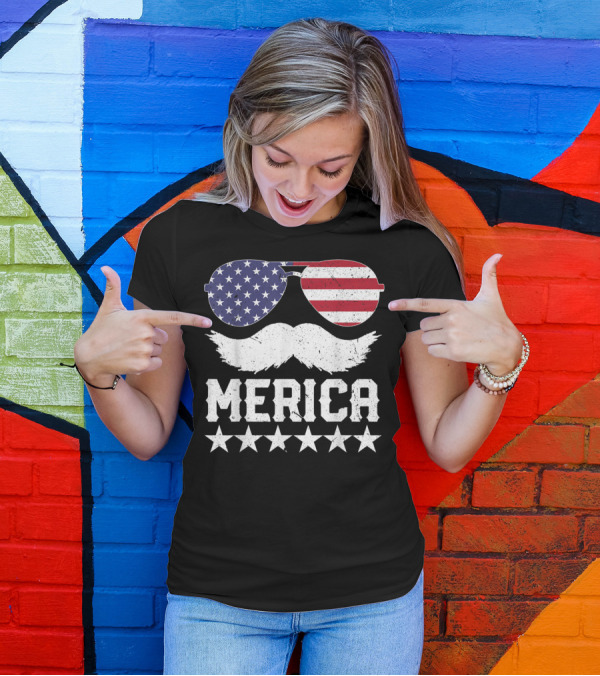 MERICA USA Flag Mustache Sunglasses Stars Independence Day T-Shirt