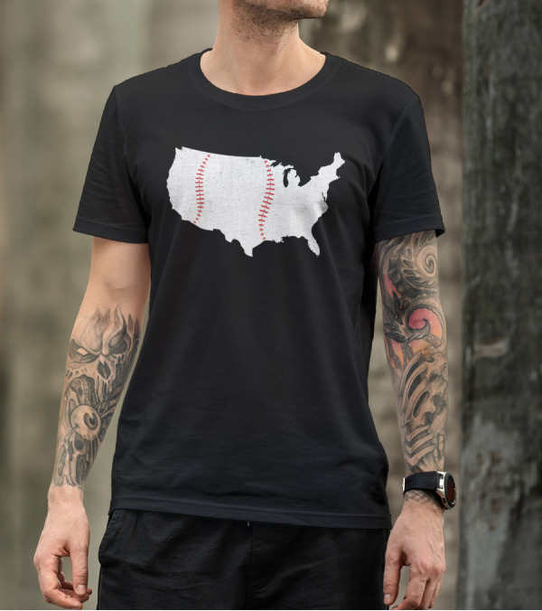 Baseball Is America's Pastime USA Map Stitch T-Shirt