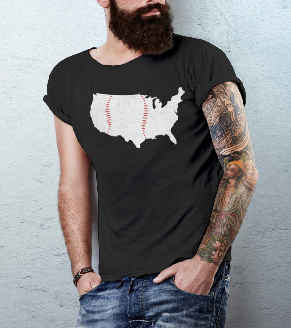 Baseball Is America's Pastime USA Map Stitch T-Shirt