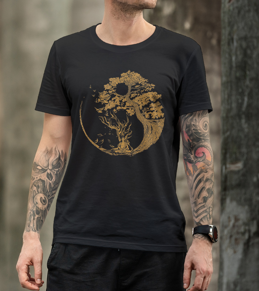 Bonsai Tree And Meditative Buddha Enclosed In Circular T-Shirt