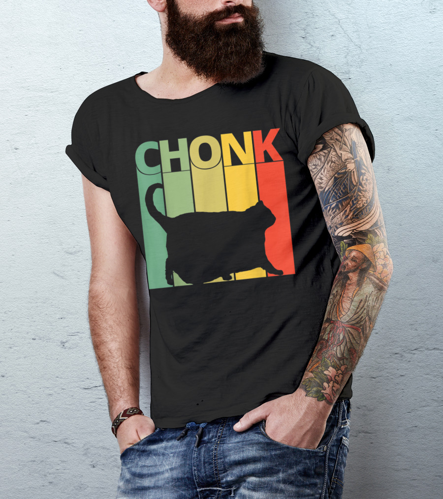 Chonk Cat Meme Funny Big Chungus Retro Stripes T-Shirt