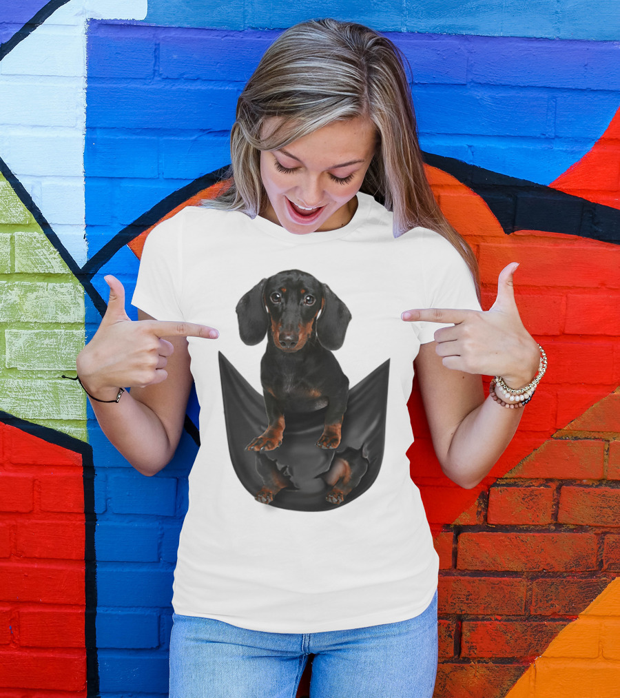 Dachshund Peeking From Pocket Fabric T-Shirt