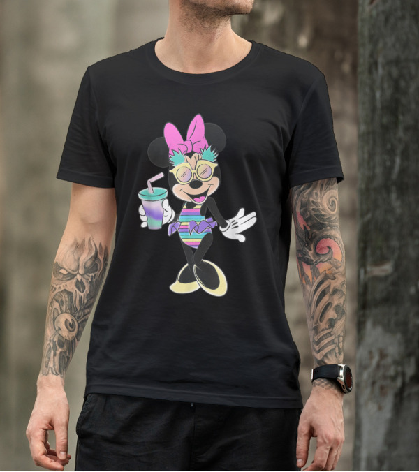 Disney Minnie Mouse Striped Swimsuit With Unicorn Colors And Pineapple Sunglasses T-Shirt