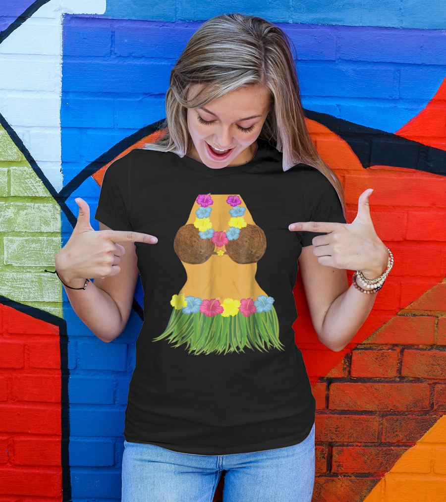 Coconut Bra Grass Skirt Lei Flowers Summer Tropical T-Shirt