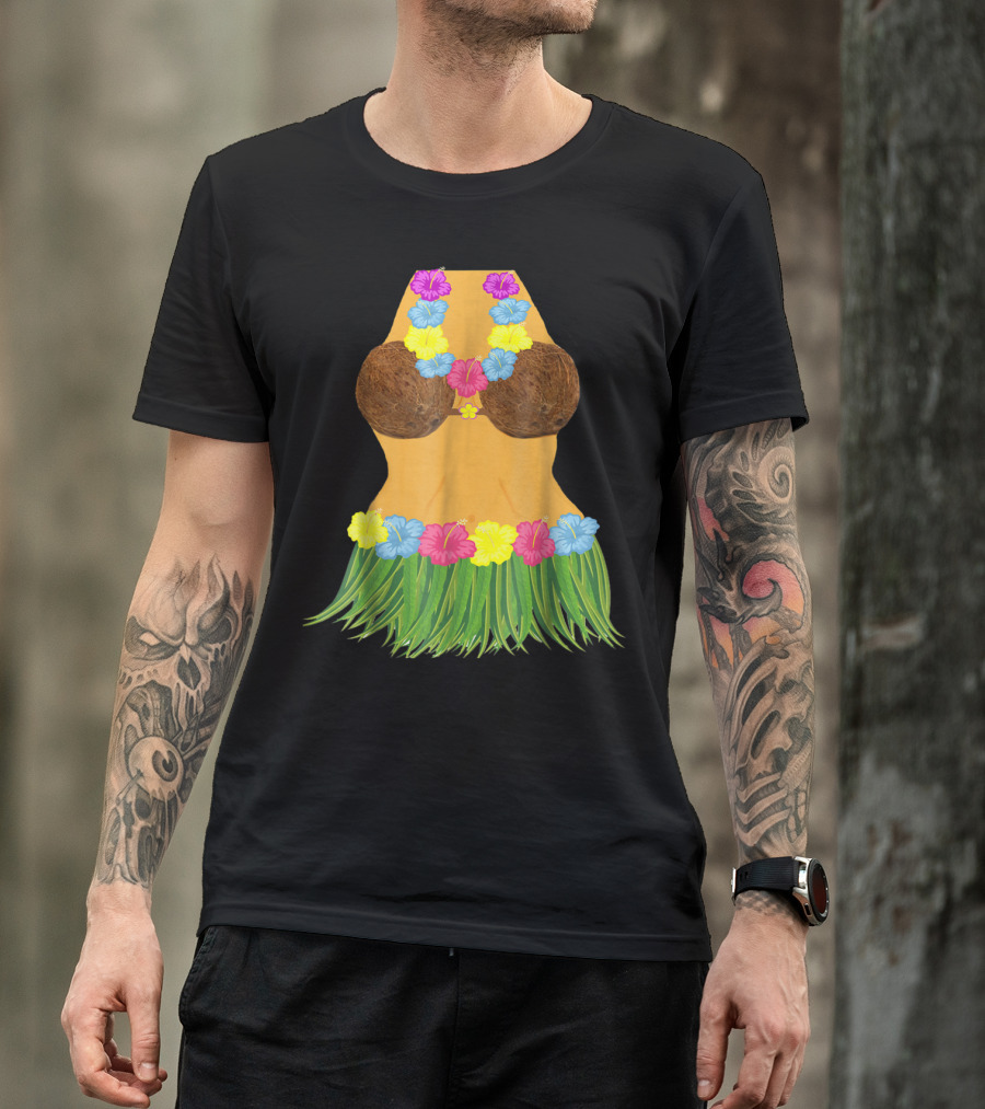 Coconut Bra Grass Skirt Lei Flowers Summer Tropical T-Shirt