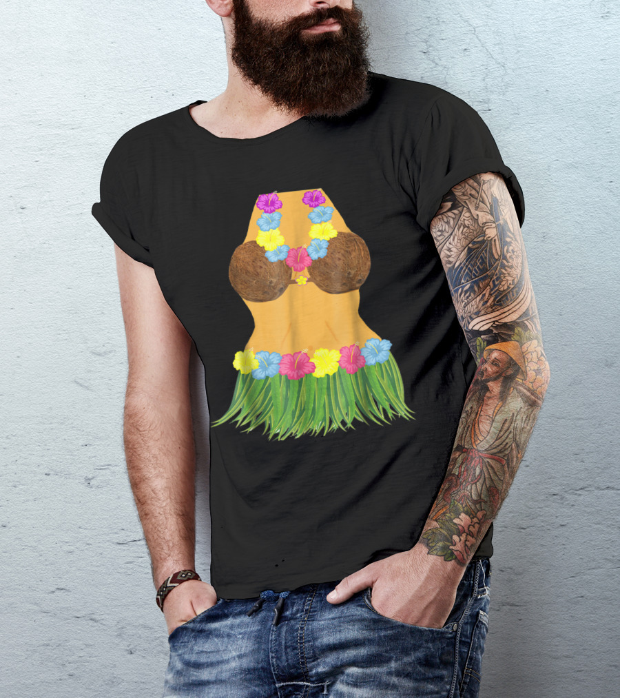 Coconut Bra Grass Skirt Lei Flowers Summer Tropical T-Shirt