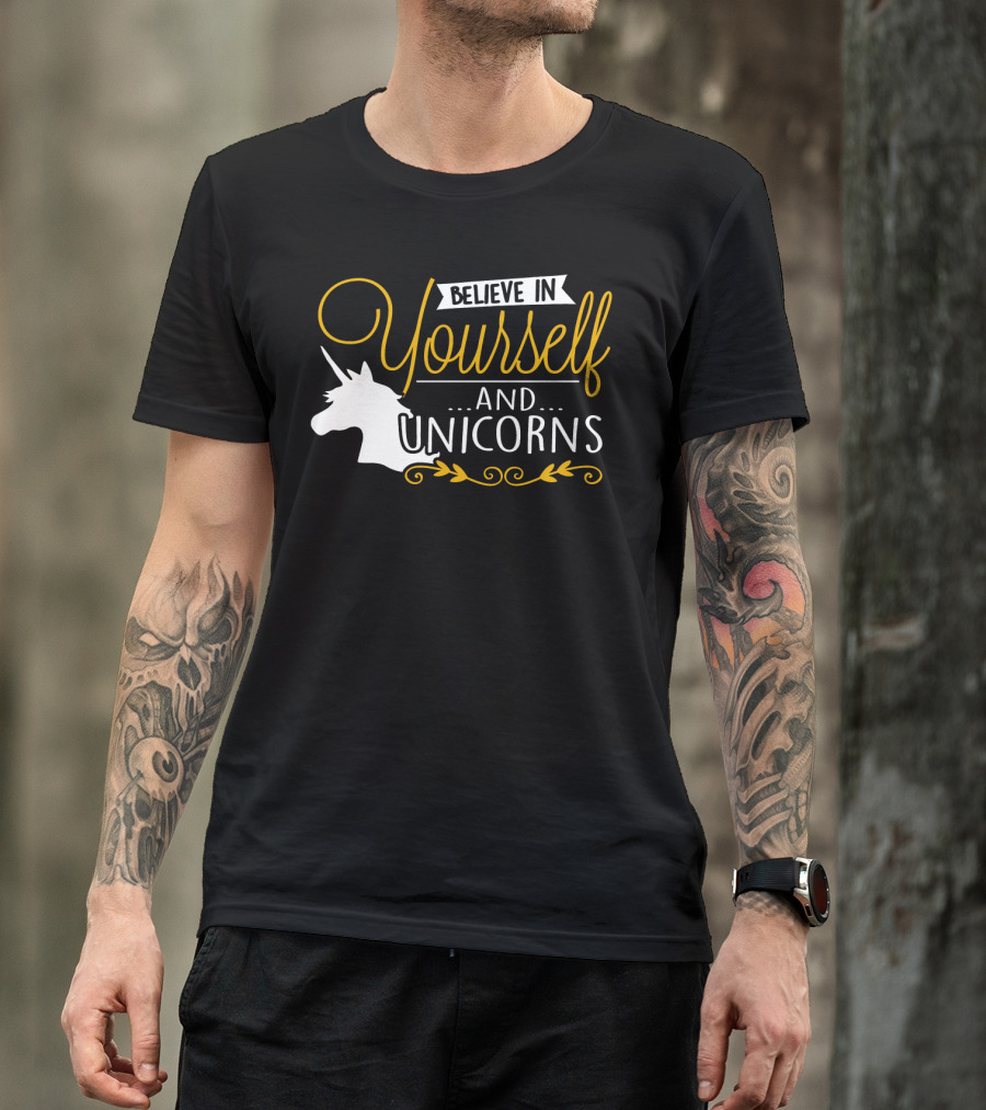 Believe In Yourself And Unicorns Head Graphic Whimsical Font T-Shirt