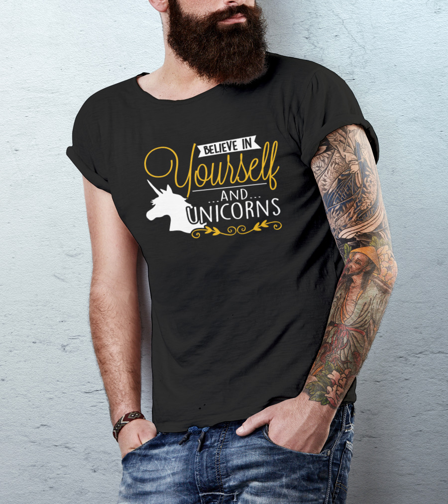 Believe In Yourself And Unicorns Head Graphic Whimsical Font T-Shirt