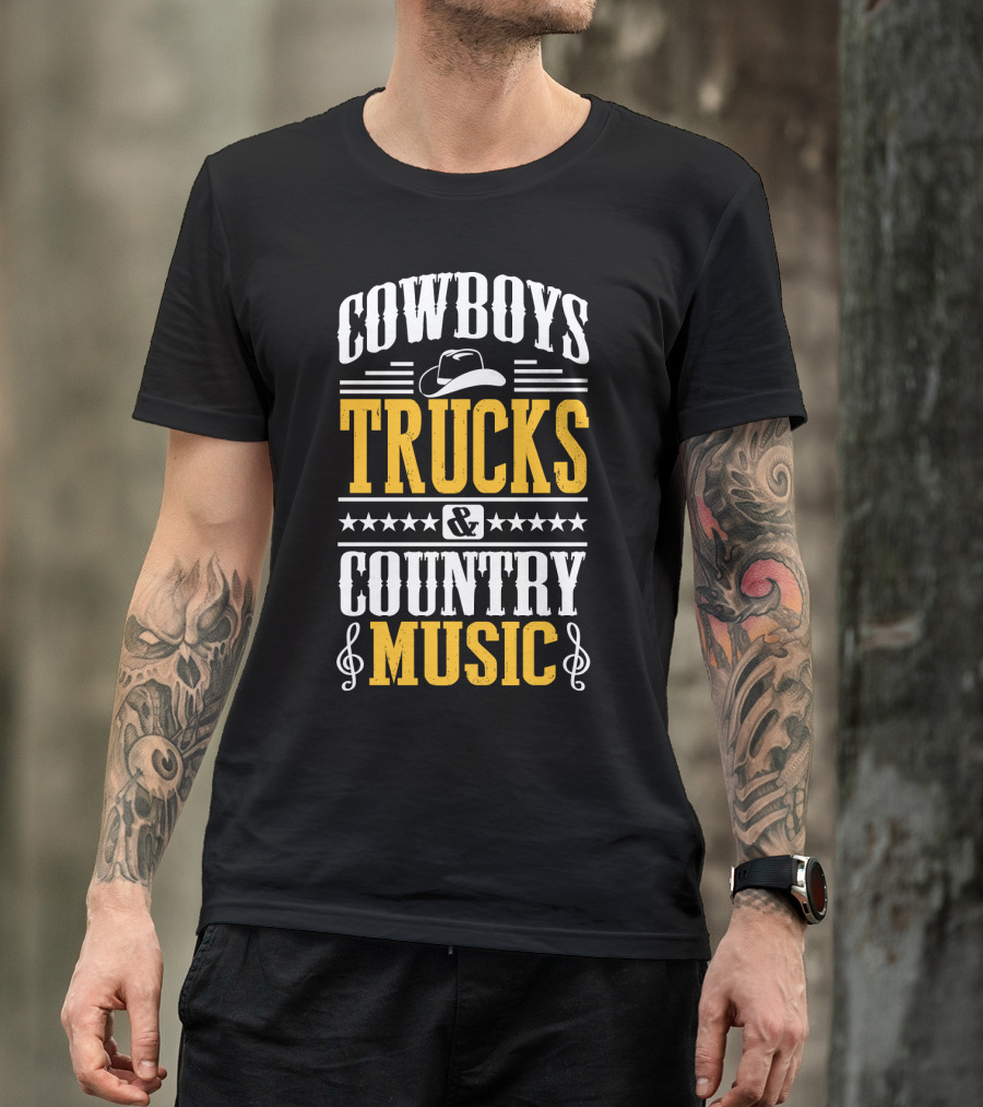 Cowboys Trucks And Country Music With Stars And Musical Notes T-Shirt