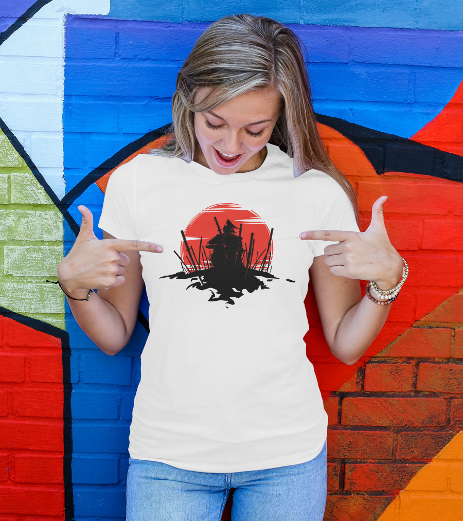 The End Of The Battle Samurai Silhouette Against Red Sun Rising T-Shirt