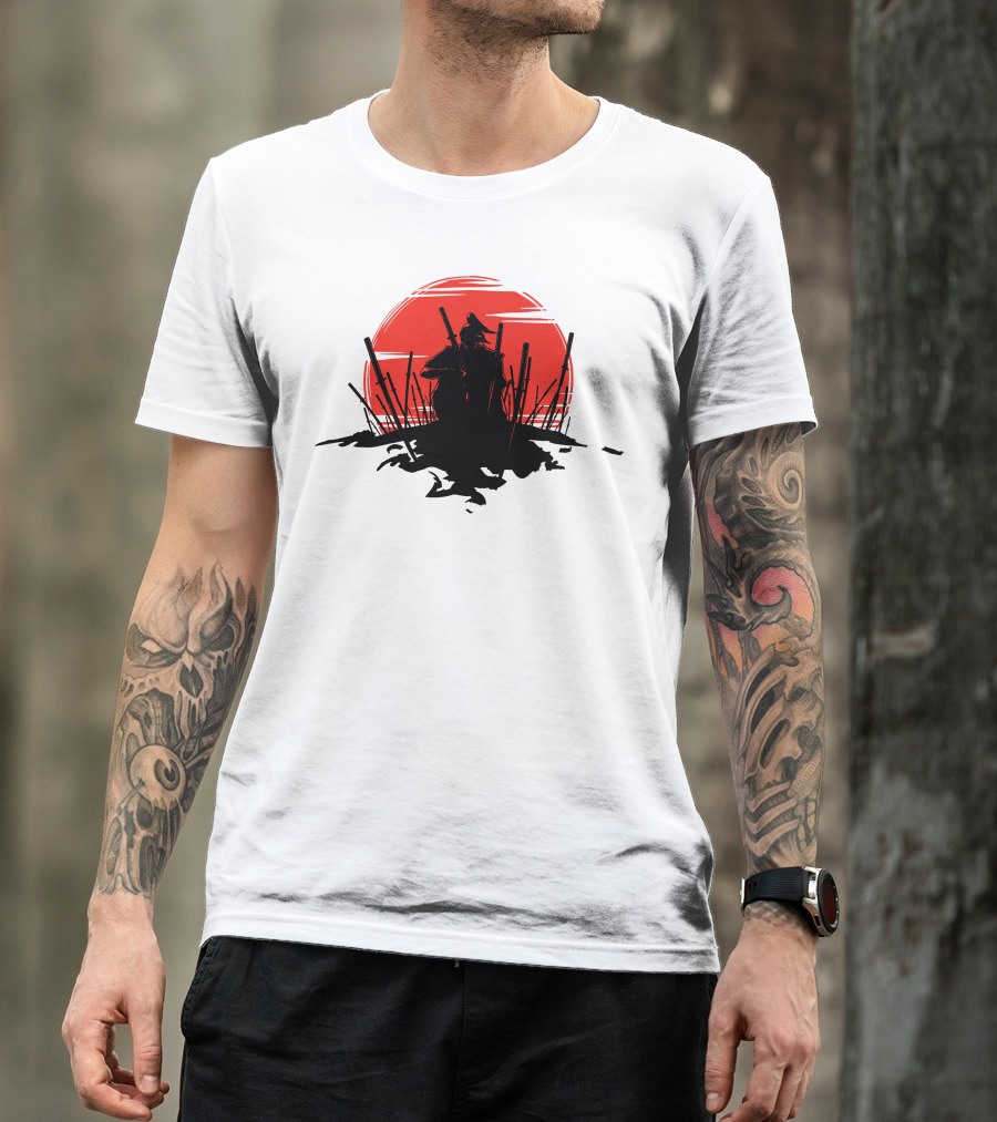 The End Of The Battle Samurai Silhouette Against Red Sun Rising T-Shirt