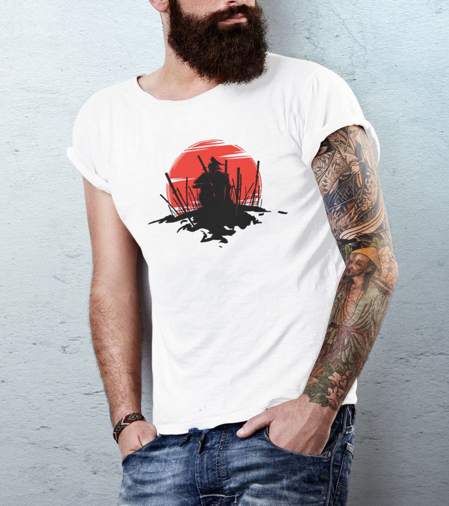 The End Of The Battle Samurai Silhouette Against Red Sun Rising T-Shirt