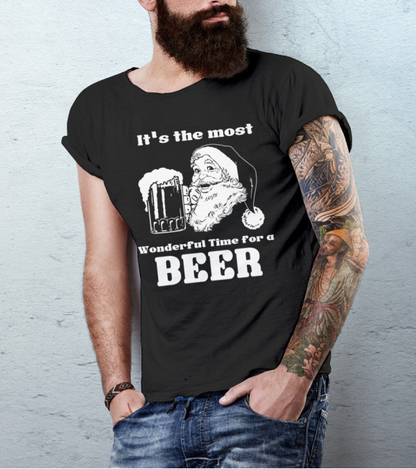 Christmas Santa It's The Most Wonderful Time For A Beer With Santa Hat And Mug Of Beer T-Shirt
