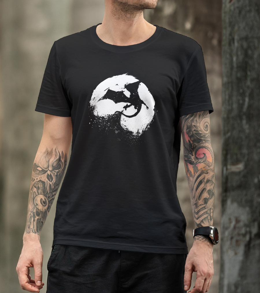 Midnight Desolation Dragon Silhouette In Full Moon T-Shirt