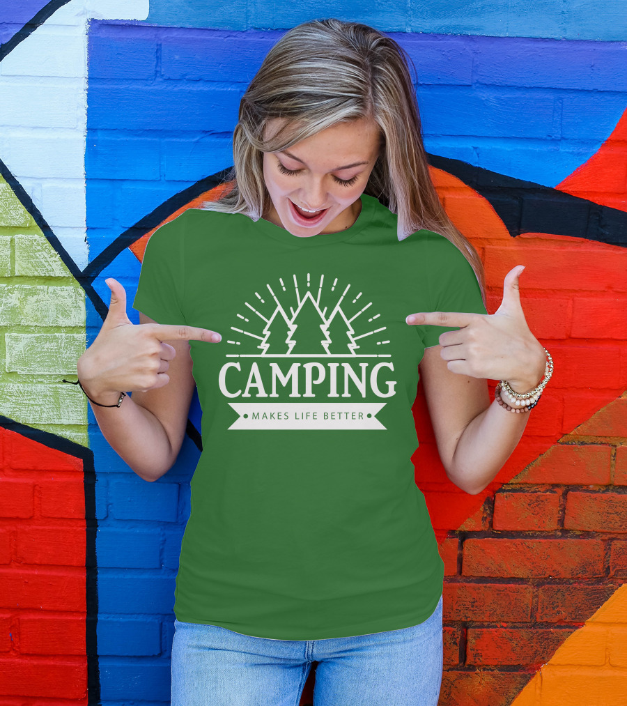Camping Makes Life Better With Forest Trees And Radiant Sunburst T-Shirt
