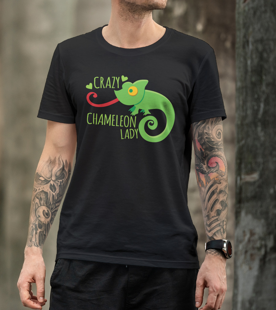 CRAZY CHAMELEON LADY Green Cartoon With Hearts T-Shirt