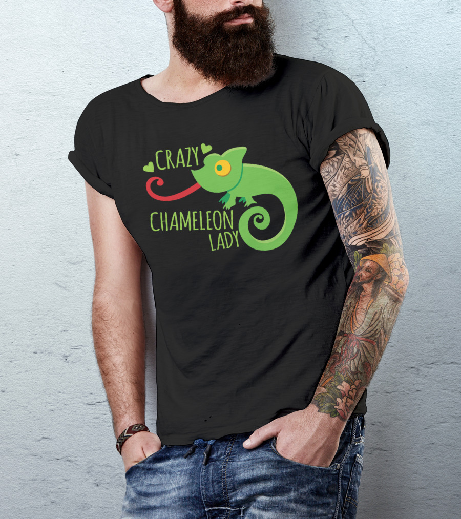 CRAZY CHAMELEON LADY Green Cartoon With Hearts T-Shirt