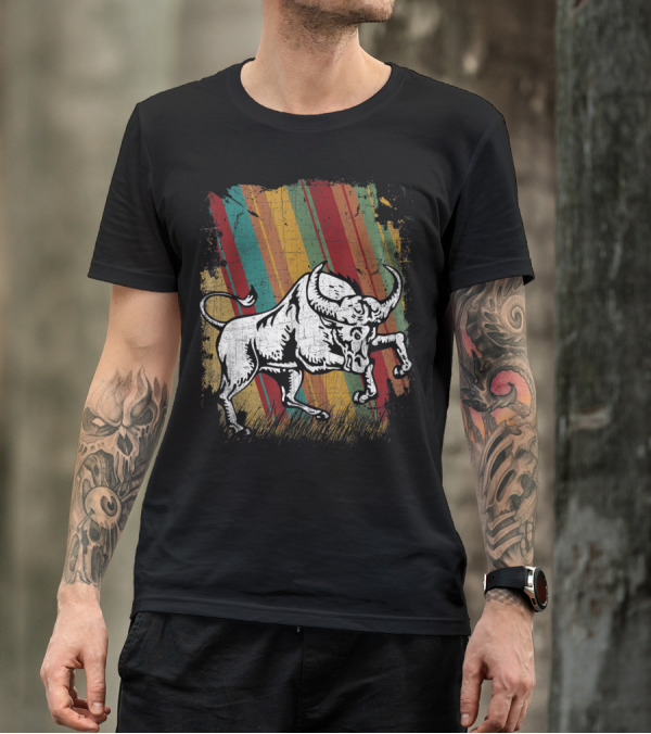 Retro Distressed Grunge Buffalo With Vintage Color Stripes T-Shirt