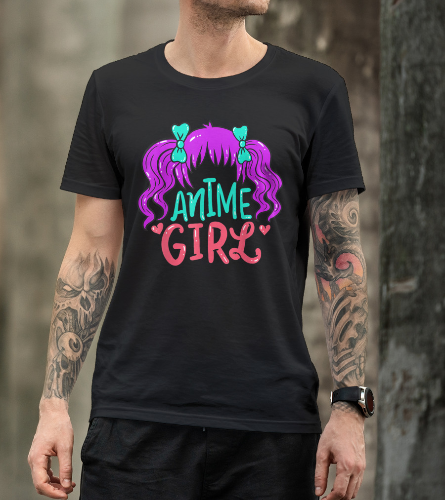 Anime Girl Purple Hair With Green Bows And Hearts T-Shirt