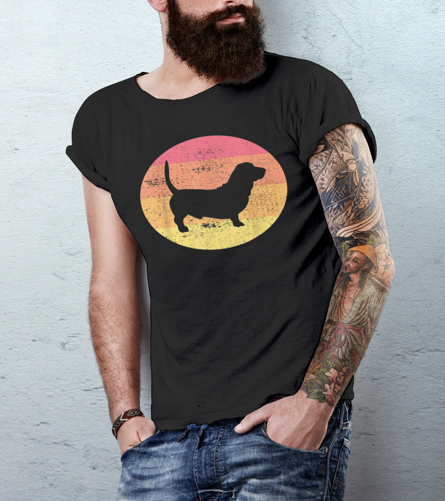 Basset Hound Silhouette Retro Vintage Dog Sunset Oval T-Shirt