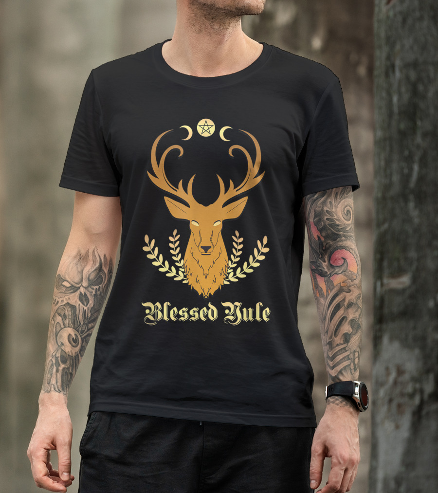 Blessed Yule Christmas Stag Pentacle Triple Moon T-Shirt